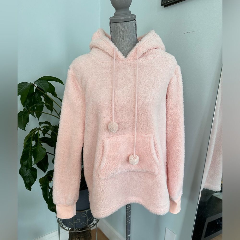 Rampage Women's Pink Pom Pom Plush Hoodie Pullover Sleeping Hoodie size M